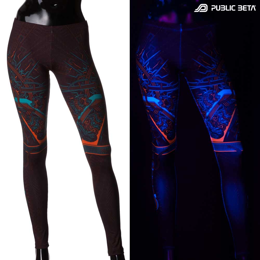 Split image of leggings with Om mantra symbol print shown in natural light and glowing under blacklight