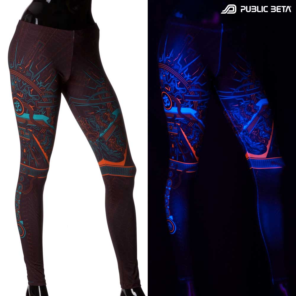 Split image of leggings with Om mantra symbol print shown in natural light and glowing under blacklight