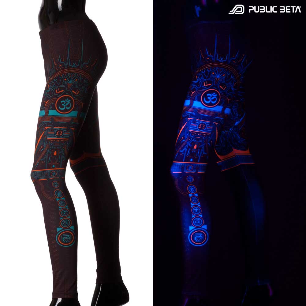 Split image of leggings with Om mantra symbol print shown in natural light and glowing under blacklight