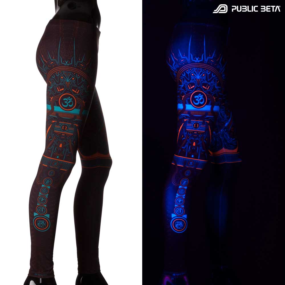 Split image of leggings with Om mantra symbol print shown in natural light and glowing under blacklight