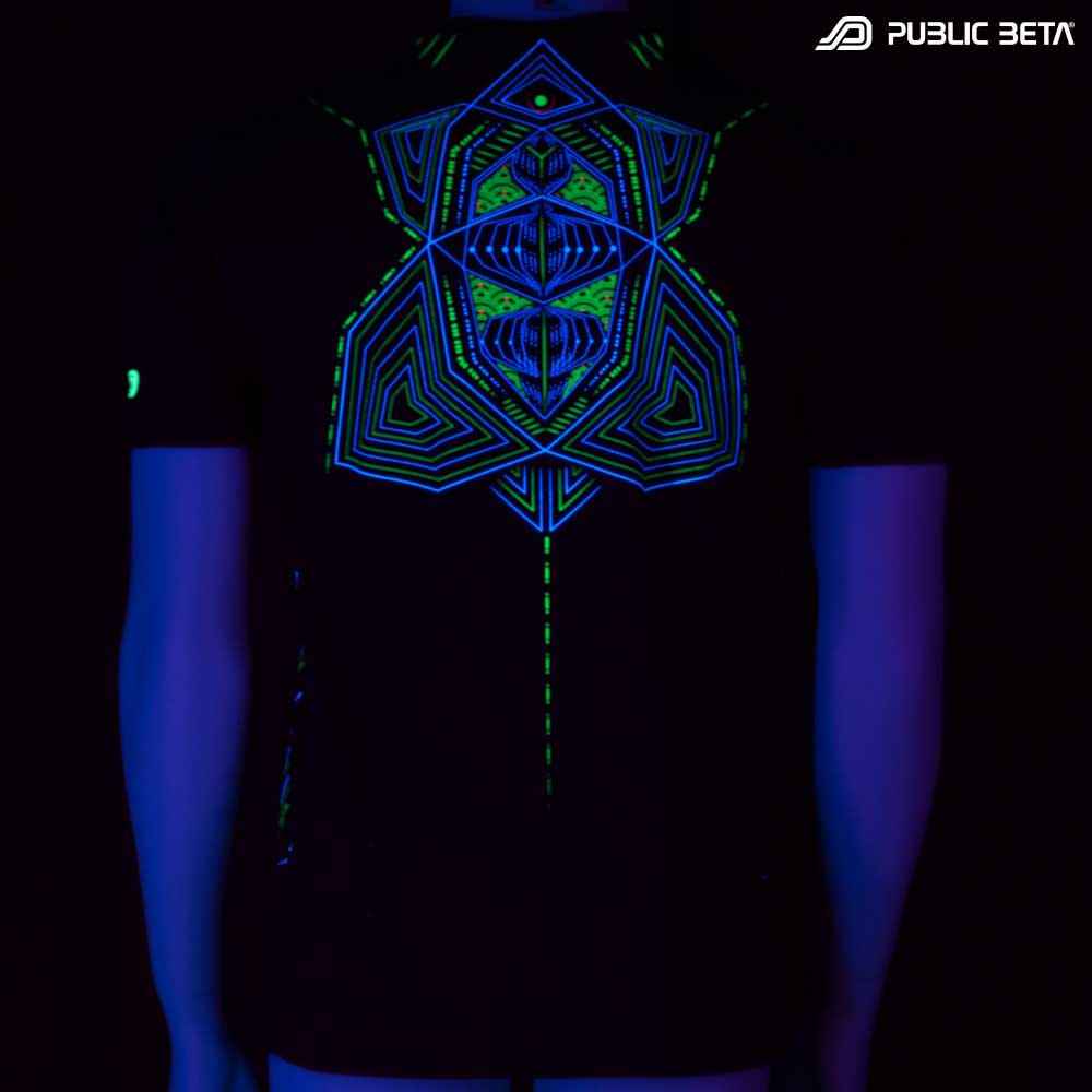 T-shirt with Multidimensional UV-reactive graphics glowing under blacklight