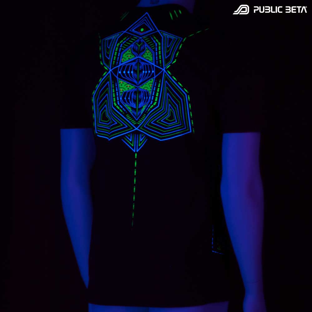 T-shirt with Multidimensional UV-reactive graphics glowing under blacklight