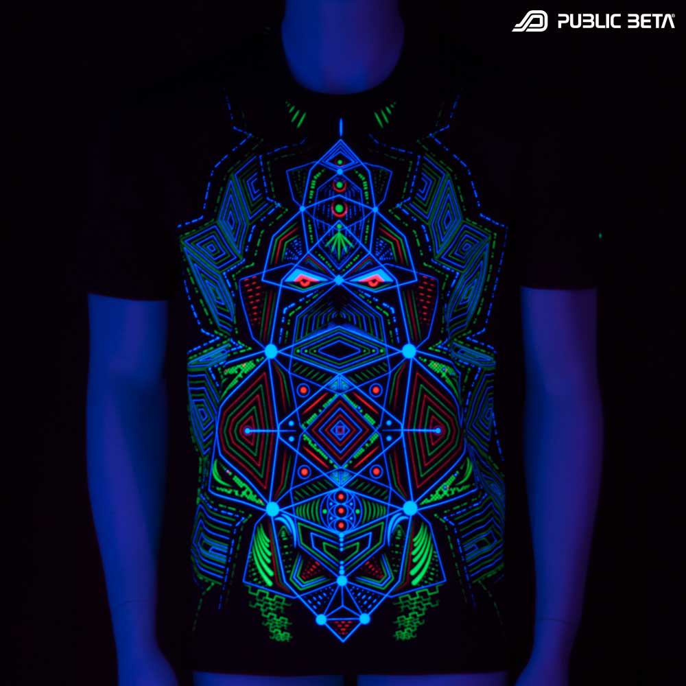 T-shirt with Multidimensional UV-reactive graphics glowing under blacklight