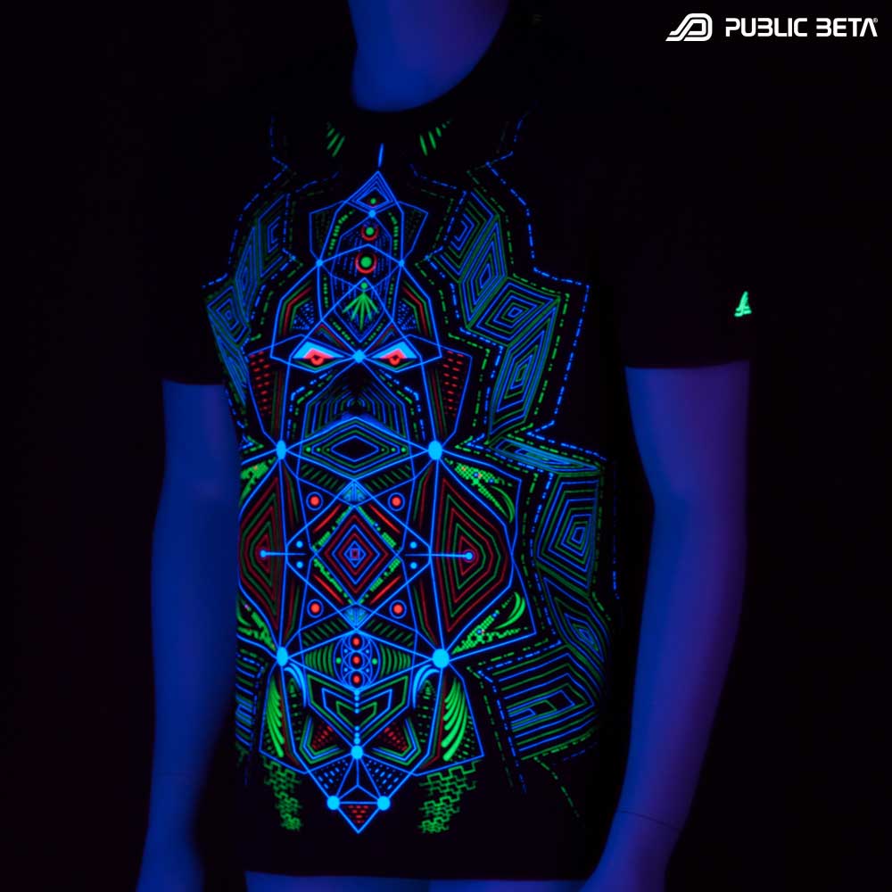 T-shirt with Multidimensional UV-reactive graphics glowing under blacklight