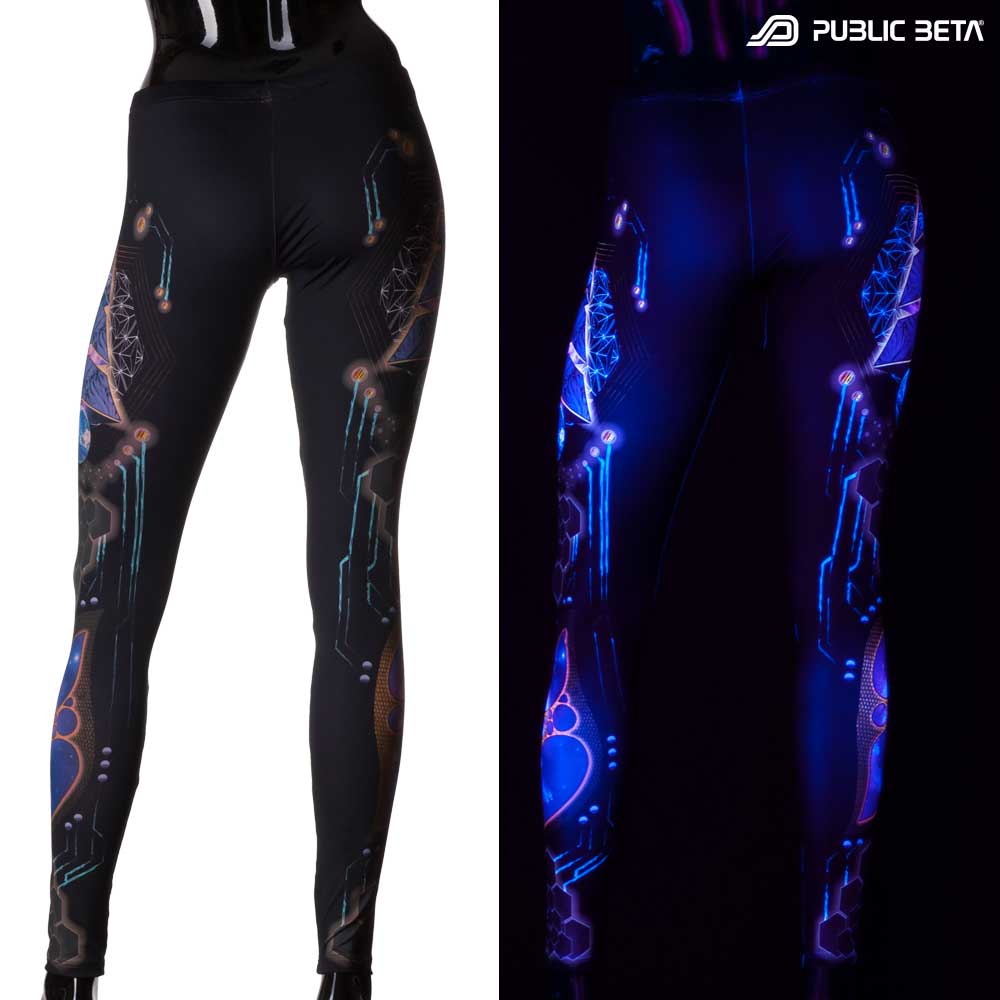 Split image of leggings with pyramid sacred geometry print shown in natural light and glowing under blacklight
