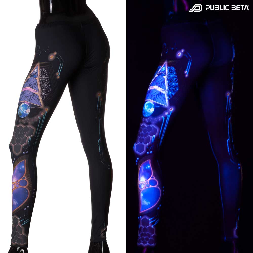 Split image of leggings with pyramid sacred geometry print shown in natural light and glowing under blacklight