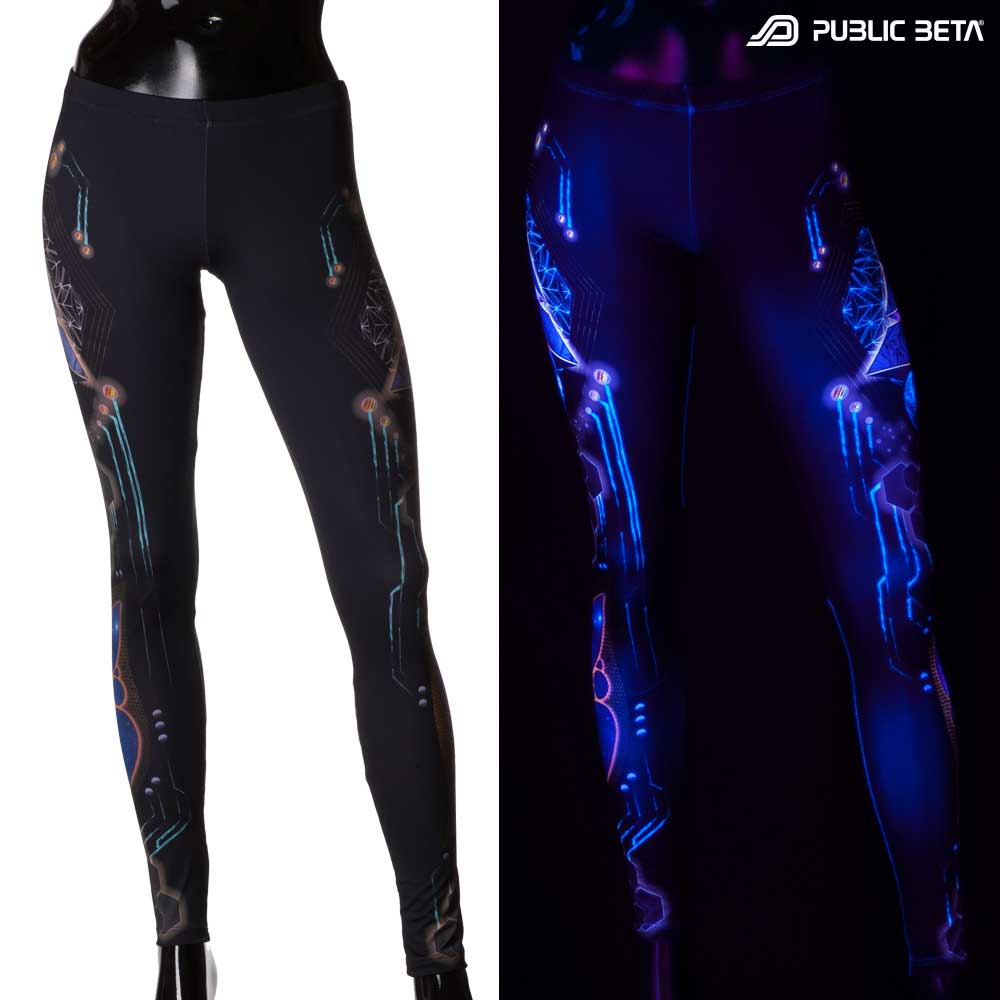 Split image of leggings with pyramid sacred geometry print shown in natural light and glowing under blacklight
