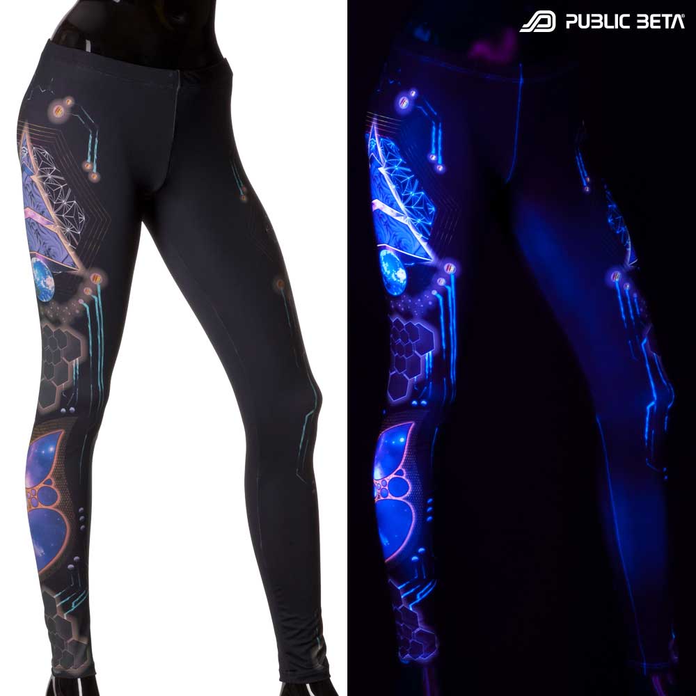 Split image of leggings with pyramid sacred geometry print shown in natural light and glowing under blacklight