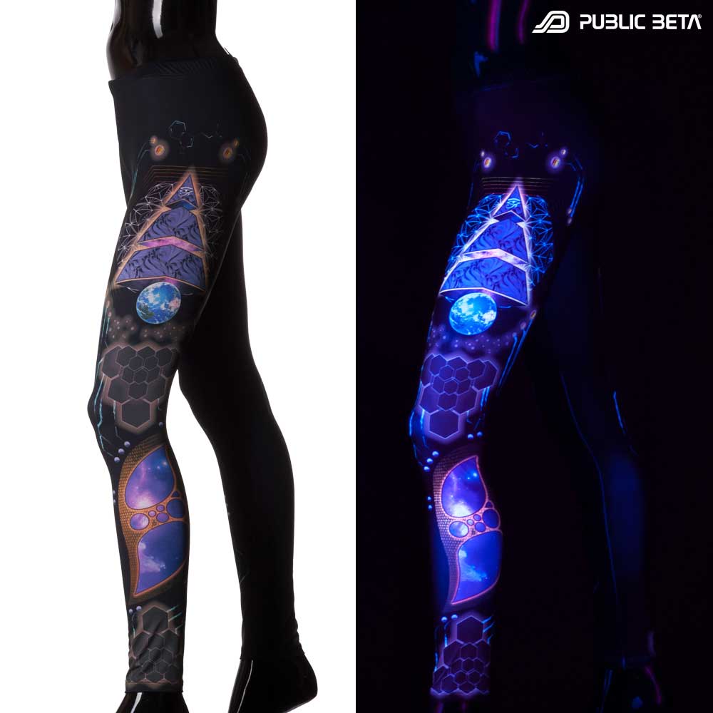 Split image of leggings with pyramid sacred geometry print shown in natural light and glowing under blacklight