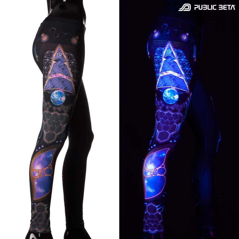 Split image of leggings with pyramid sacred geometry print shown in natural light and glowing under blacklight