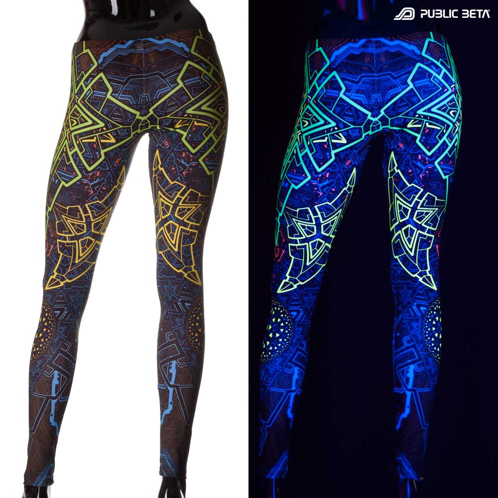 Split image of leggings with trinity sacred geometry print shown in natural light and glowing under blacklight