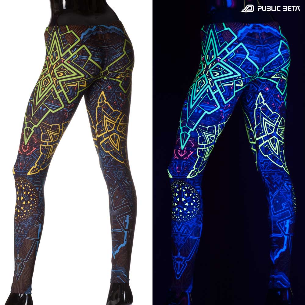 Split image of leggings with trinity sacred geometry print shown in natural light and glowing under blacklight
