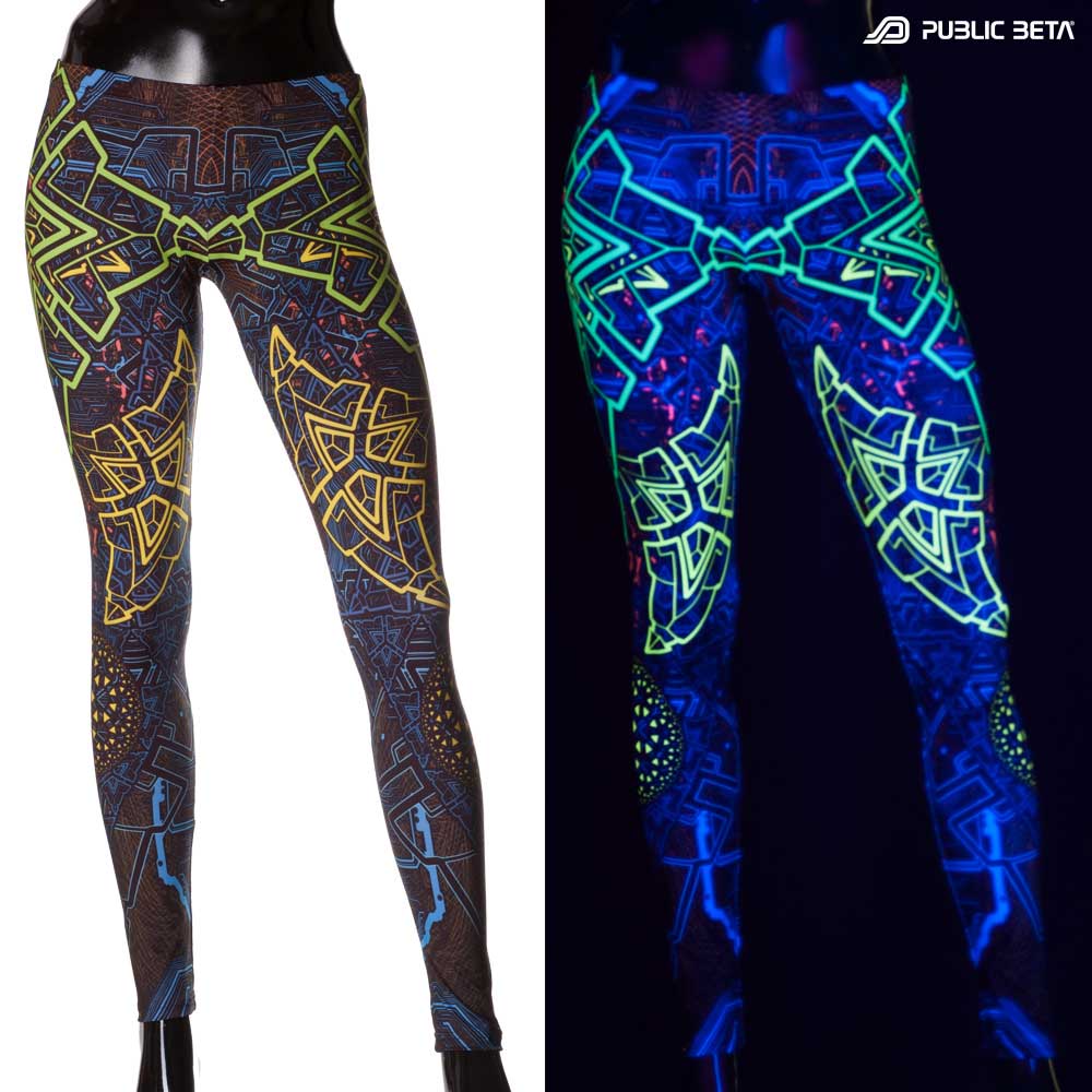 Split image of leggings with trinity sacred geometry print shown in natural light and glowing under blacklight