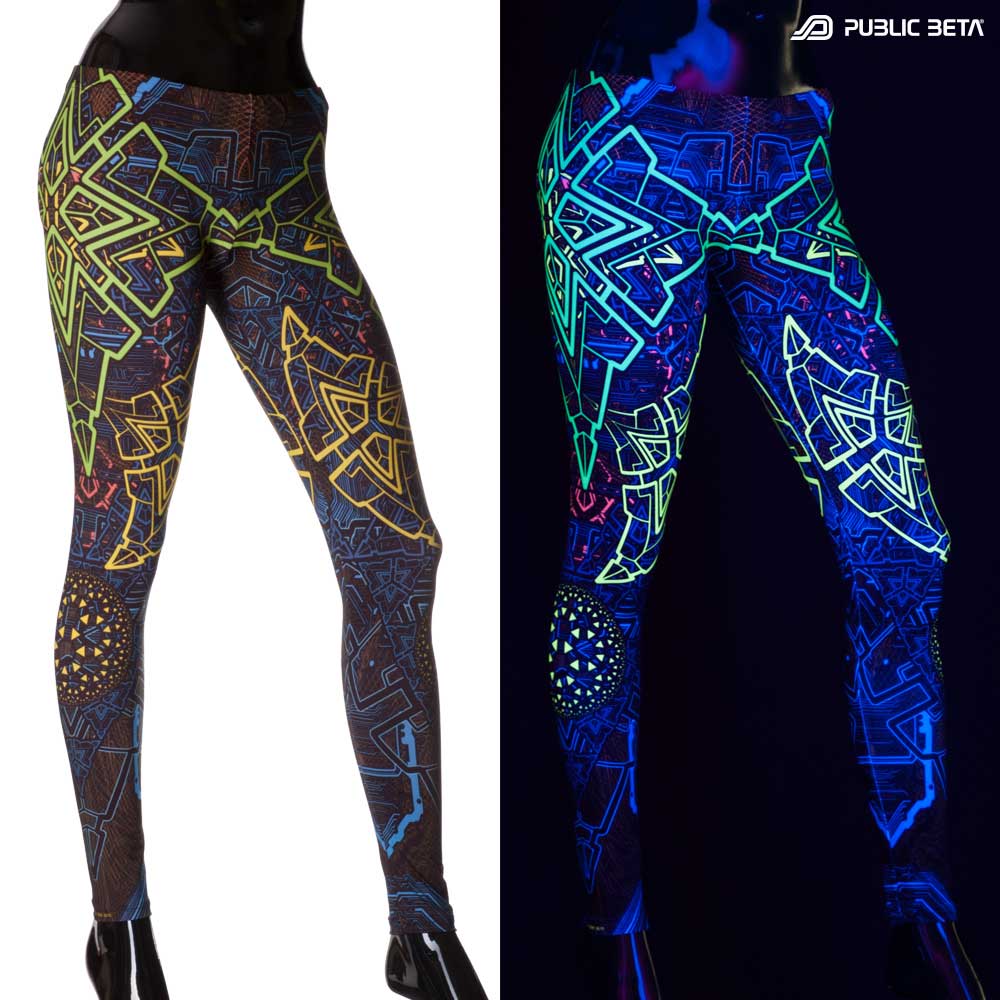 Split image of leggings with trinity sacred geometry print shown in natural light and glowing under blacklight