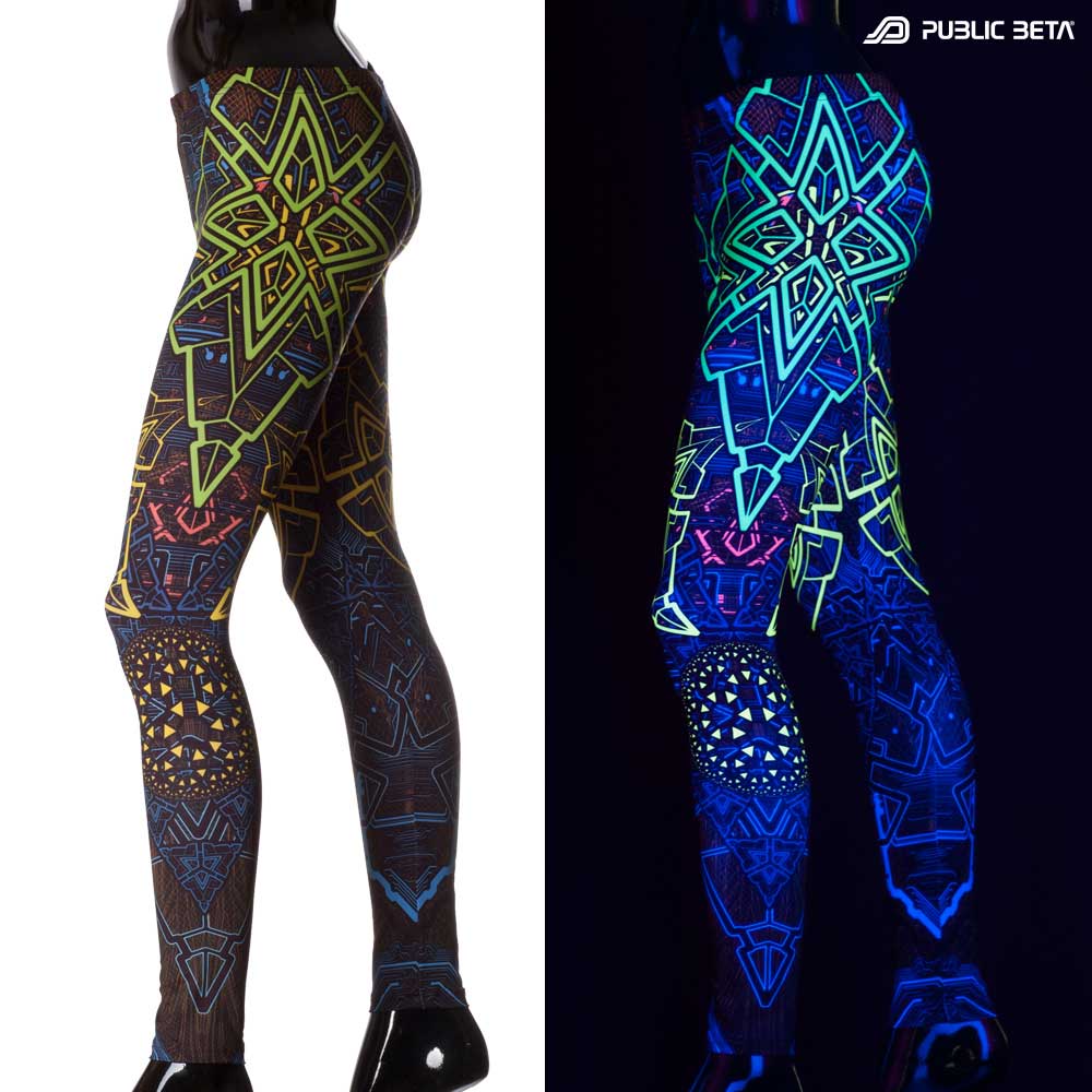 Split image of leggings with trinity sacred geometry print shown in natural light and glowing under blacklight