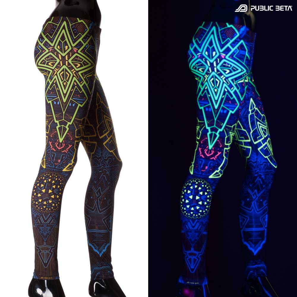 Split image of leggings with trinity sacred geometry print shown in natural light and glowing under blacklight