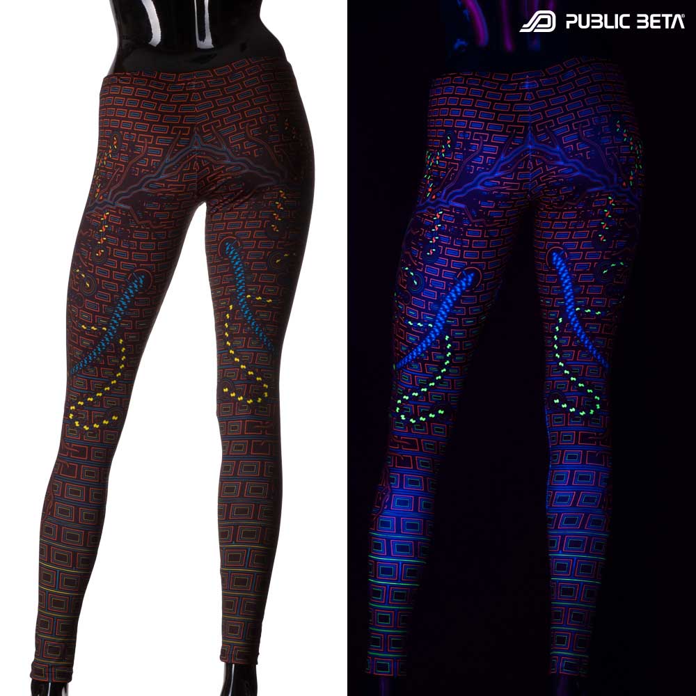 Split image of leggings with interconnected circuit print shown in natural light and glowing under blacklight
