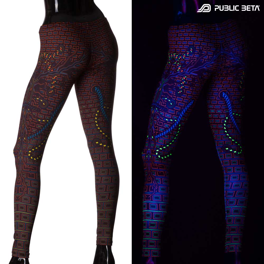 Split image of leggings with interconnected circuit print shown in natural light and glowing under blacklight
