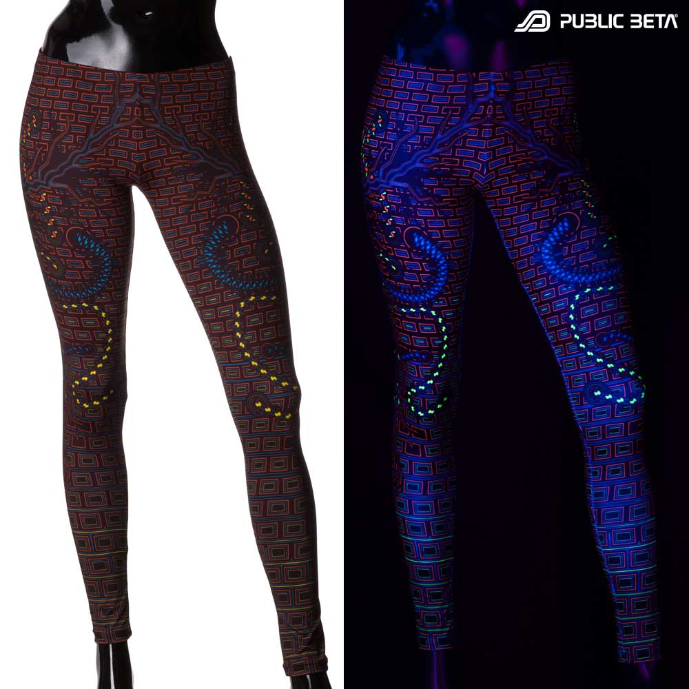 Split image of leggings with interconnected circuit print shown in natural light and glowing under blacklight
