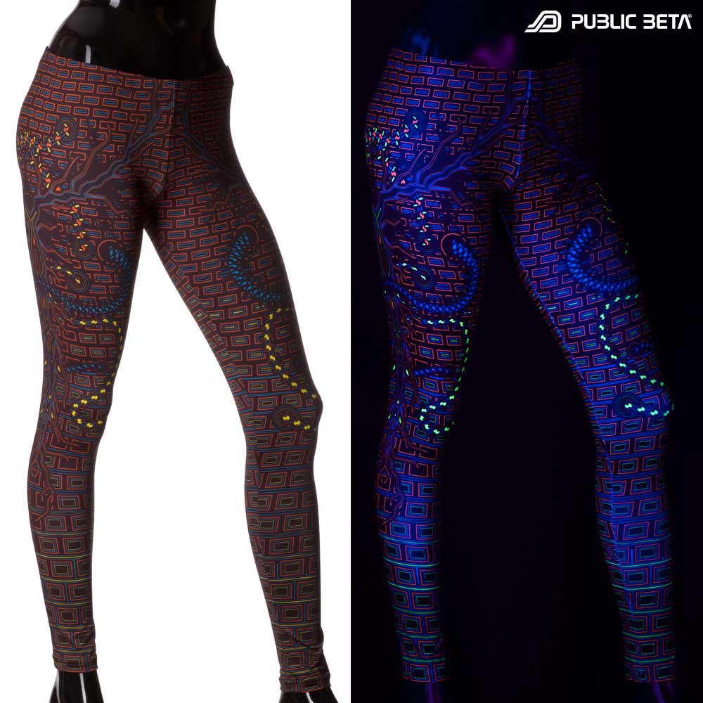 Split image of leggings with interconnected circuit print shown in natural light and glowing under blacklight