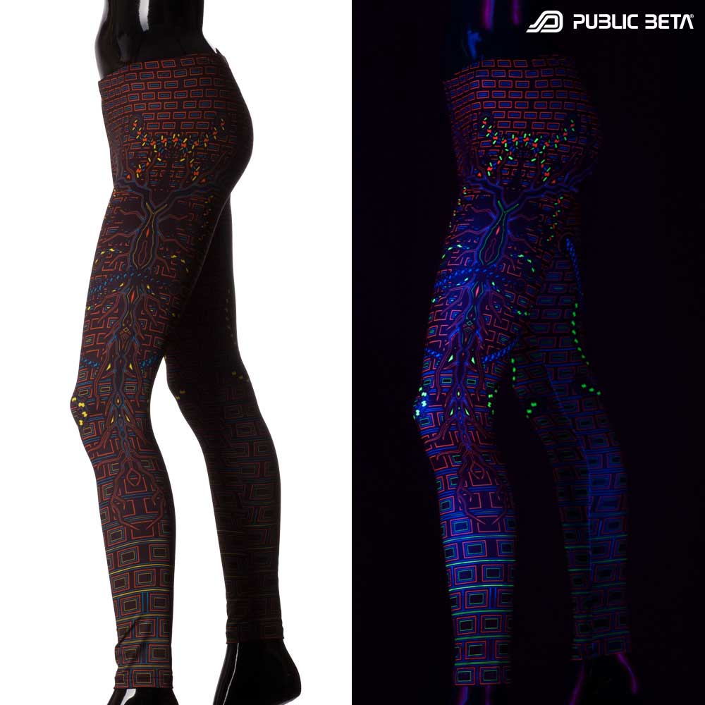 Split image of leggings with interconnected circuit print shown in natural light and glowing under blacklight
