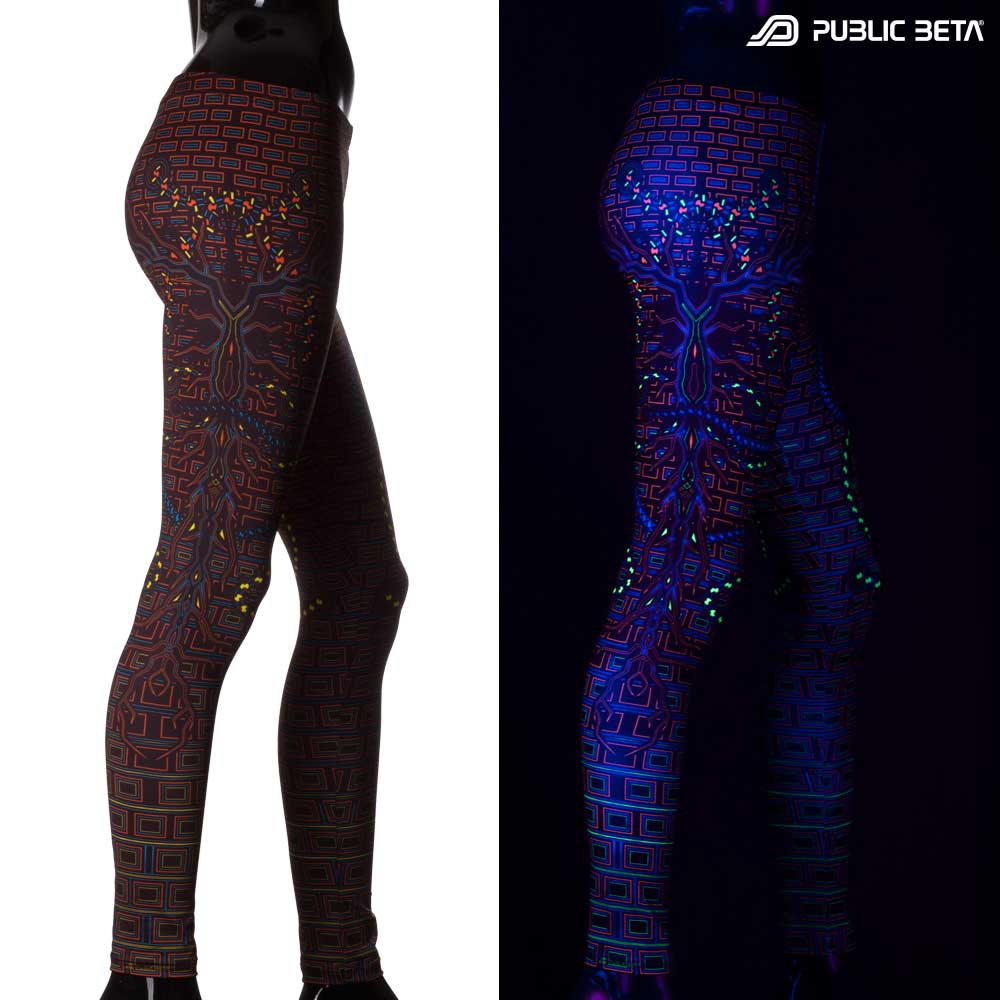 Split image of leggings with interconnected circuit print shown in natural light and glowing under blacklight