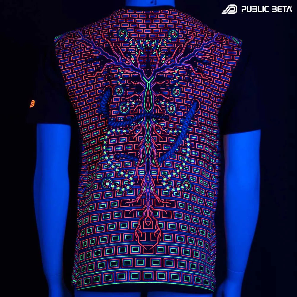 T-shirt with dense pattern UV-reactive graphics glowing under blacklight