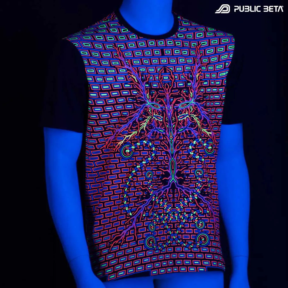 T-shirt with dense pattern UV-reactive graphics glowing under blacklight
