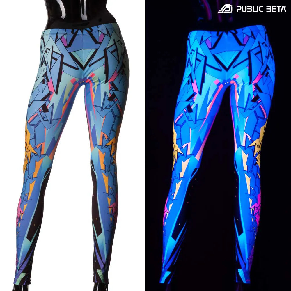 Split image of leggings with digital level grid print shown in natural light and glowing under blacklight