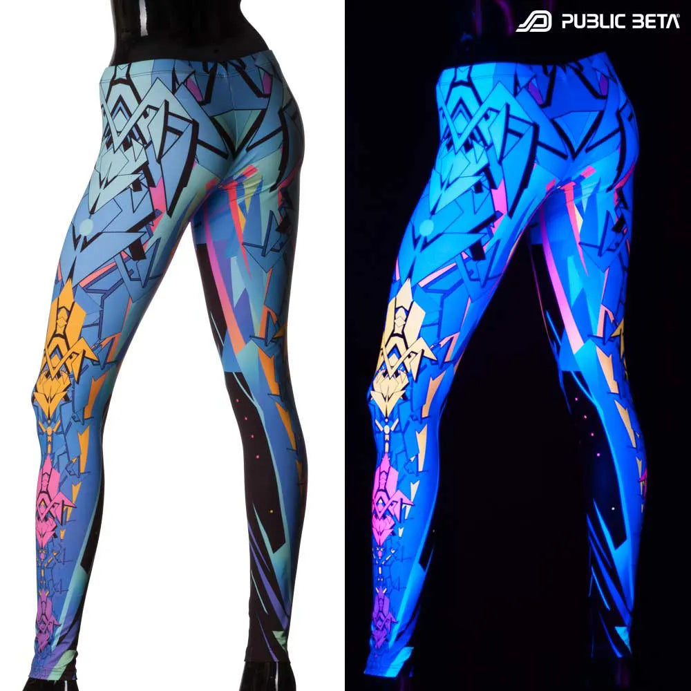 Split image of leggings with digital level grid print shown in natural light and glowing under blacklight