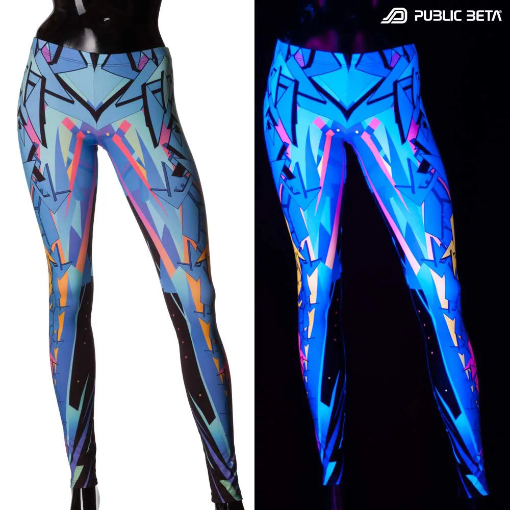 Split image of leggings with digital level grid print shown in natural light and glowing under blacklight