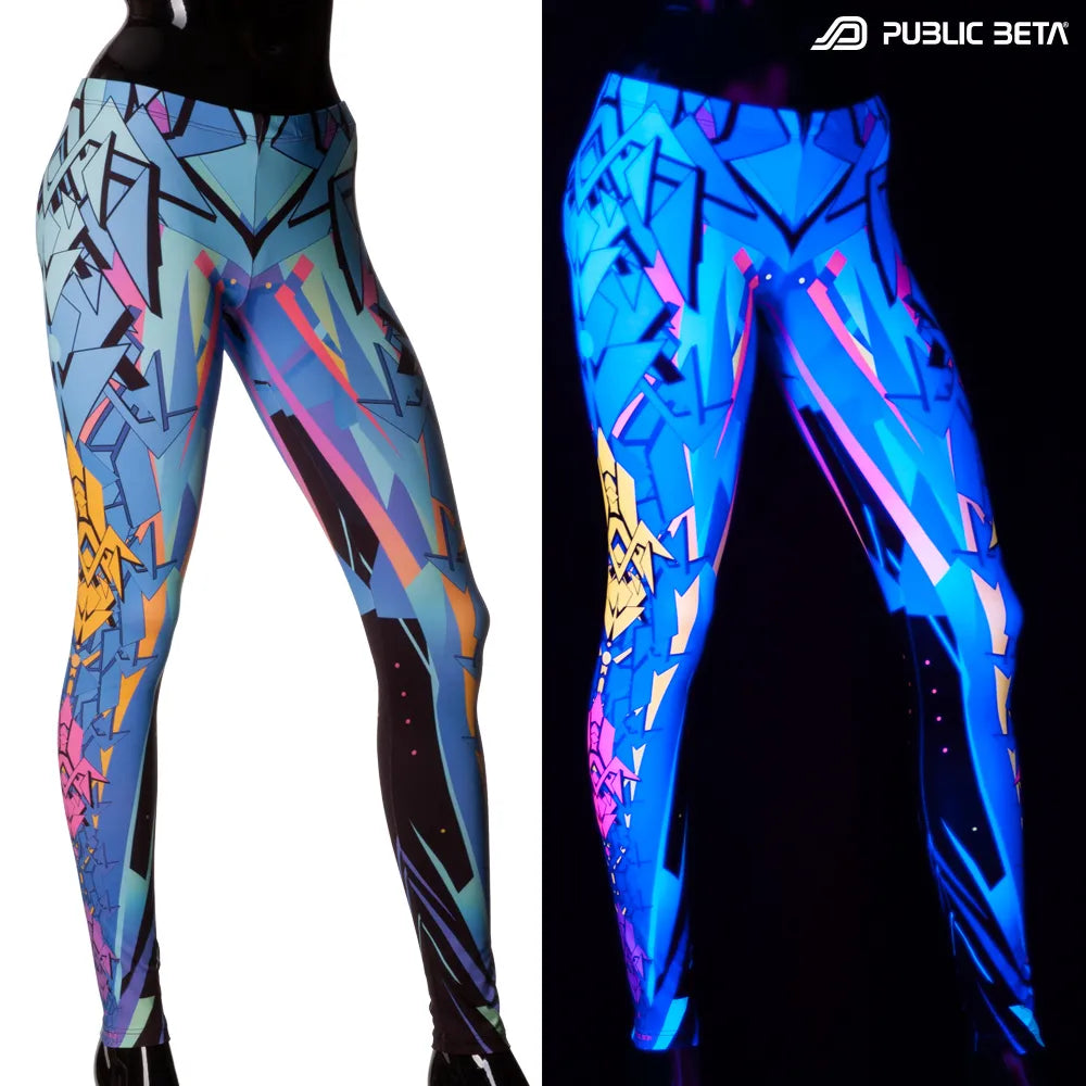 Split image of leggings with digital level grid print shown in natural light and glowing under blacklight