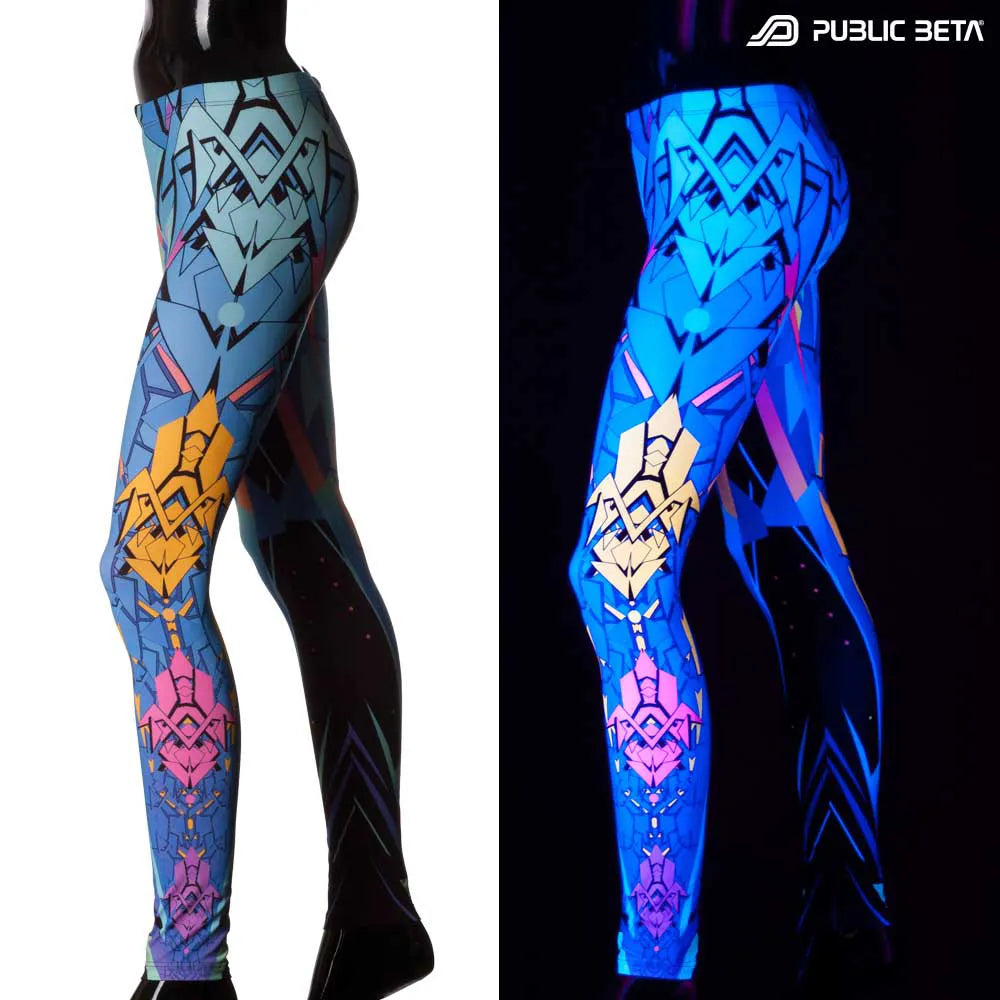 Split image of leggings with digital level grid print shown in natural light and glowing under blacklight