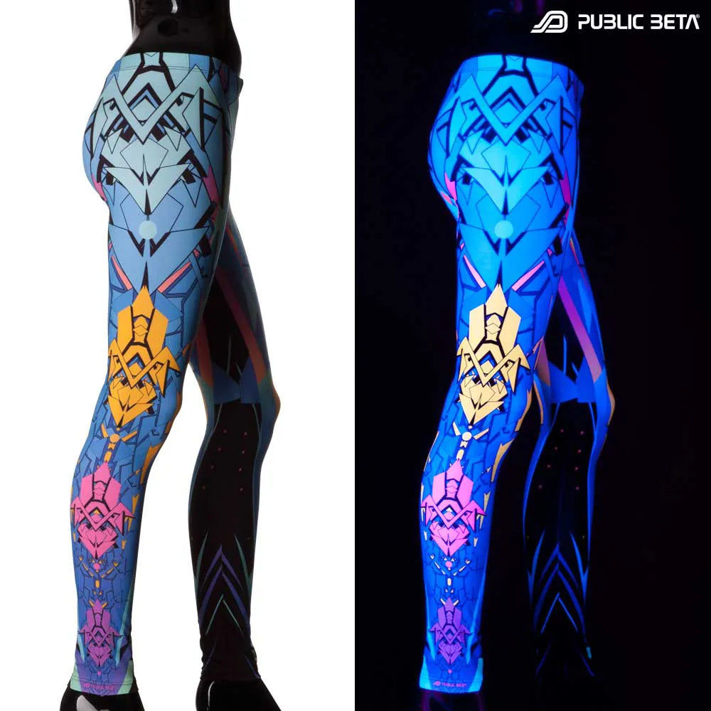 Split image of leggings with digital level grid print shown in natural light and glowing under blacklight