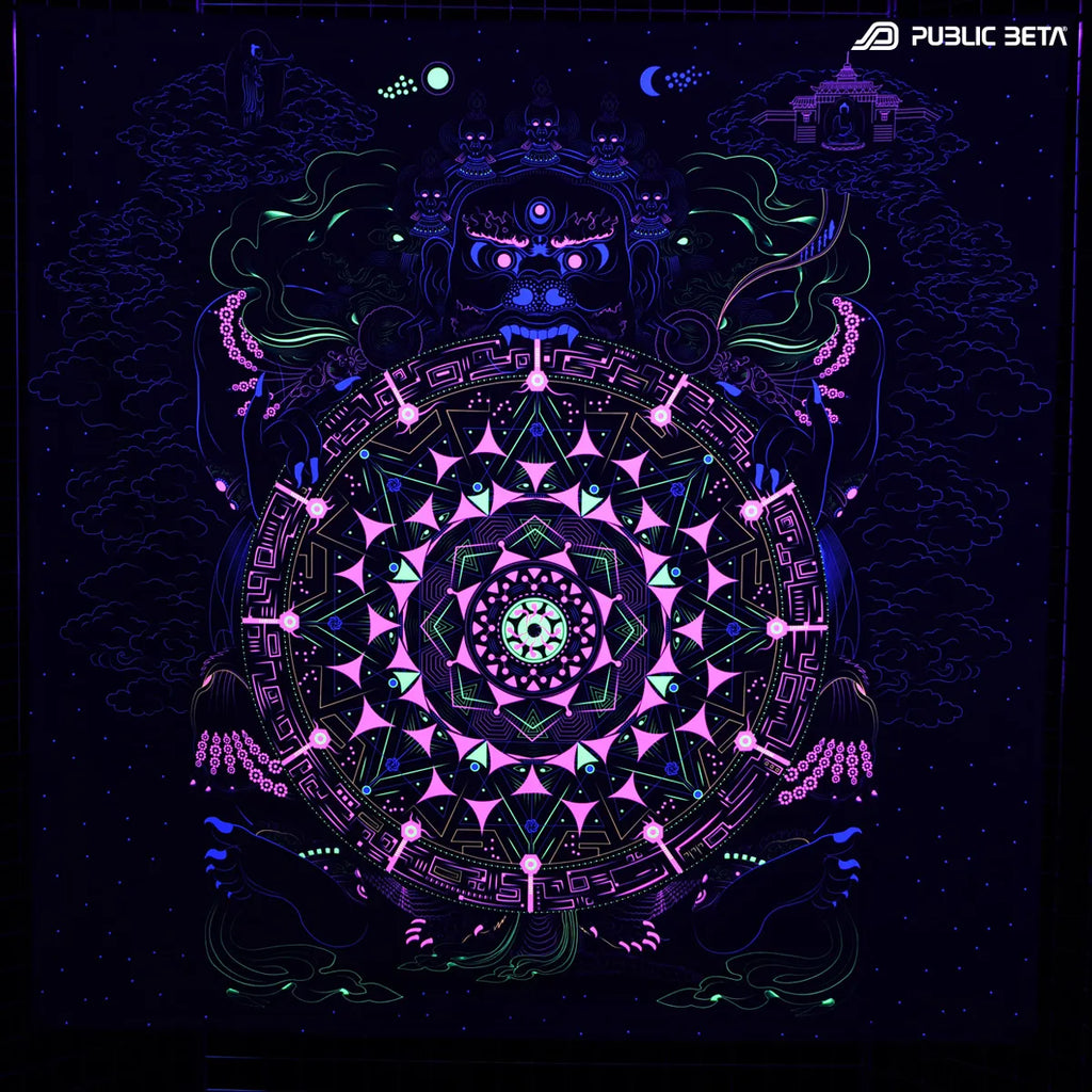 Wallhanging with UV reactive psychedelic art print glowing under blacklight