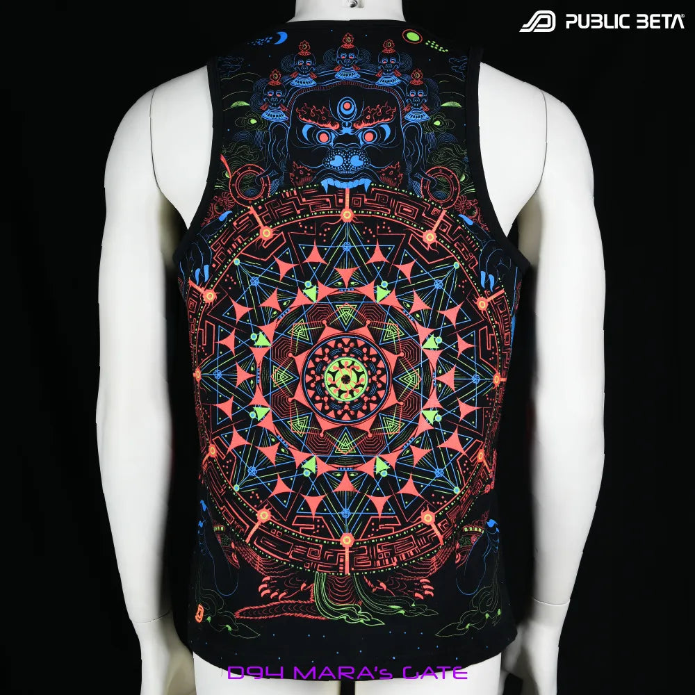 Sleeveless shirt with UV-reactive psychedelic art print, photographed in natural light