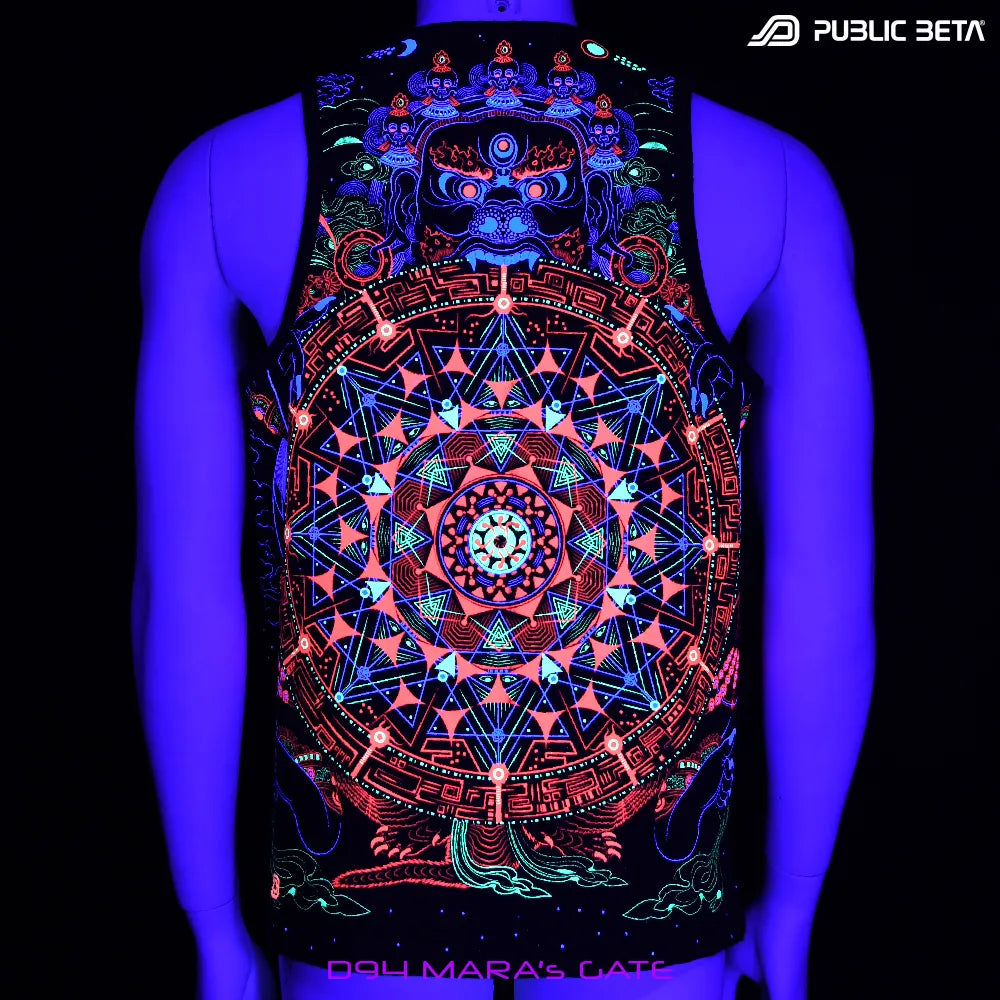 Sleeveless shirt with UV-reactive psychedelic print glowing under blacklight