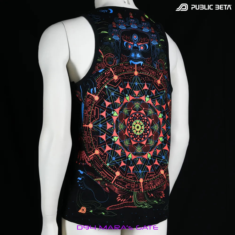 Sleeveless shirt with UV-reactive psychedelic art print, photographed in natural light