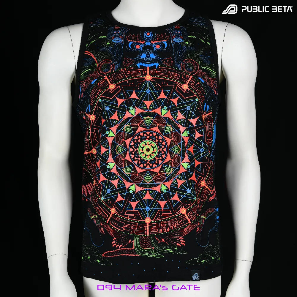 Sleeveless shirt with UV-reactive psychedelic art print, photographed in natural light