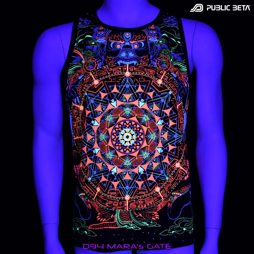 Sleeveless shirt with UV-reactive psychedelic print glowing under blacklight