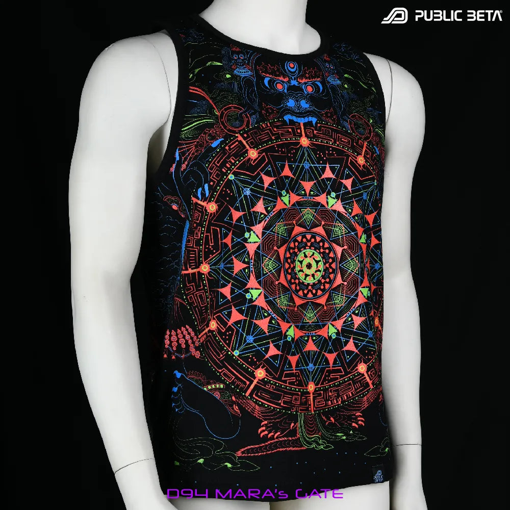 Sleeveless shirt with UV-reactive psychedelic art print, photographed in natural light