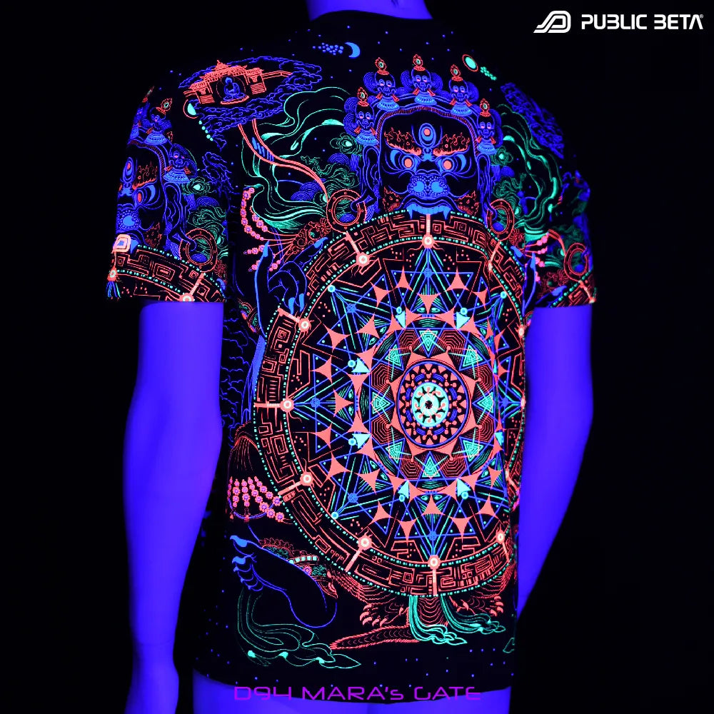 back of a T-shirt with all-over UV-reactive print glowing under blacklight