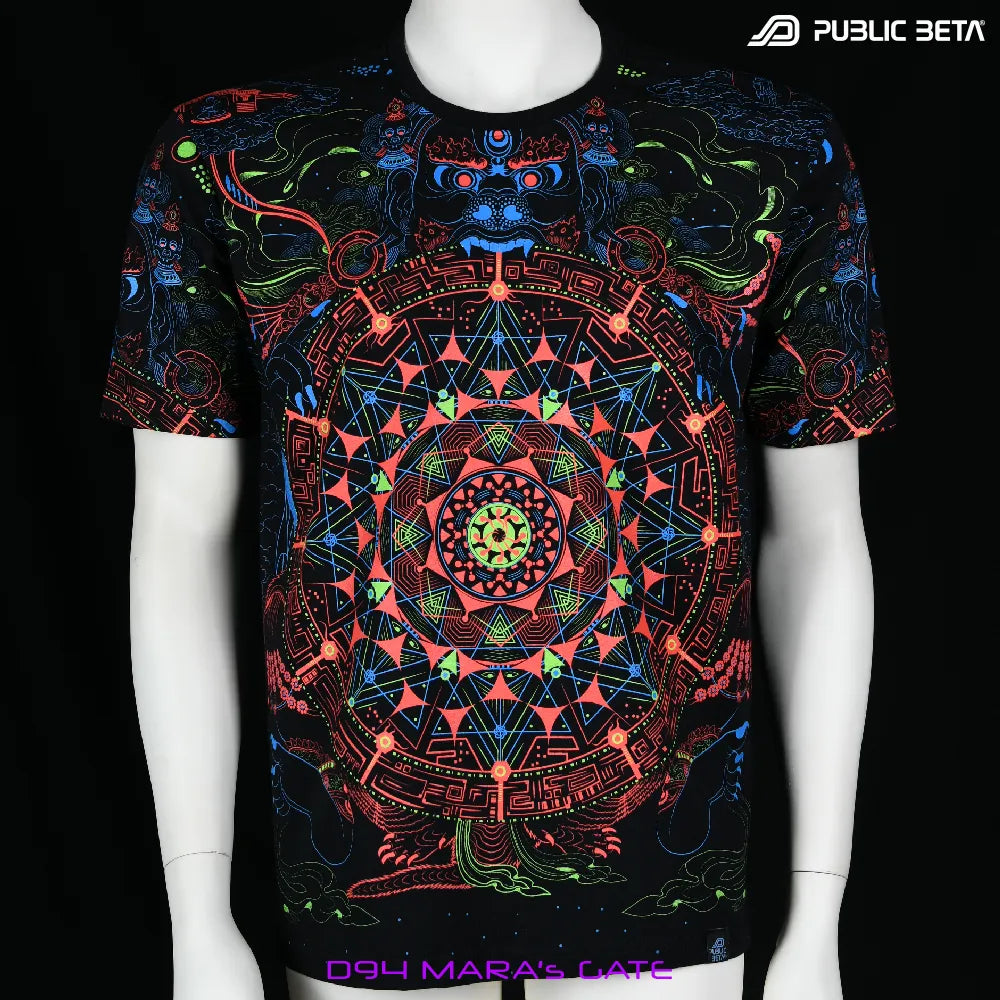 T-shirt with geometric UV-reactive graphics, photographed in natural light front view