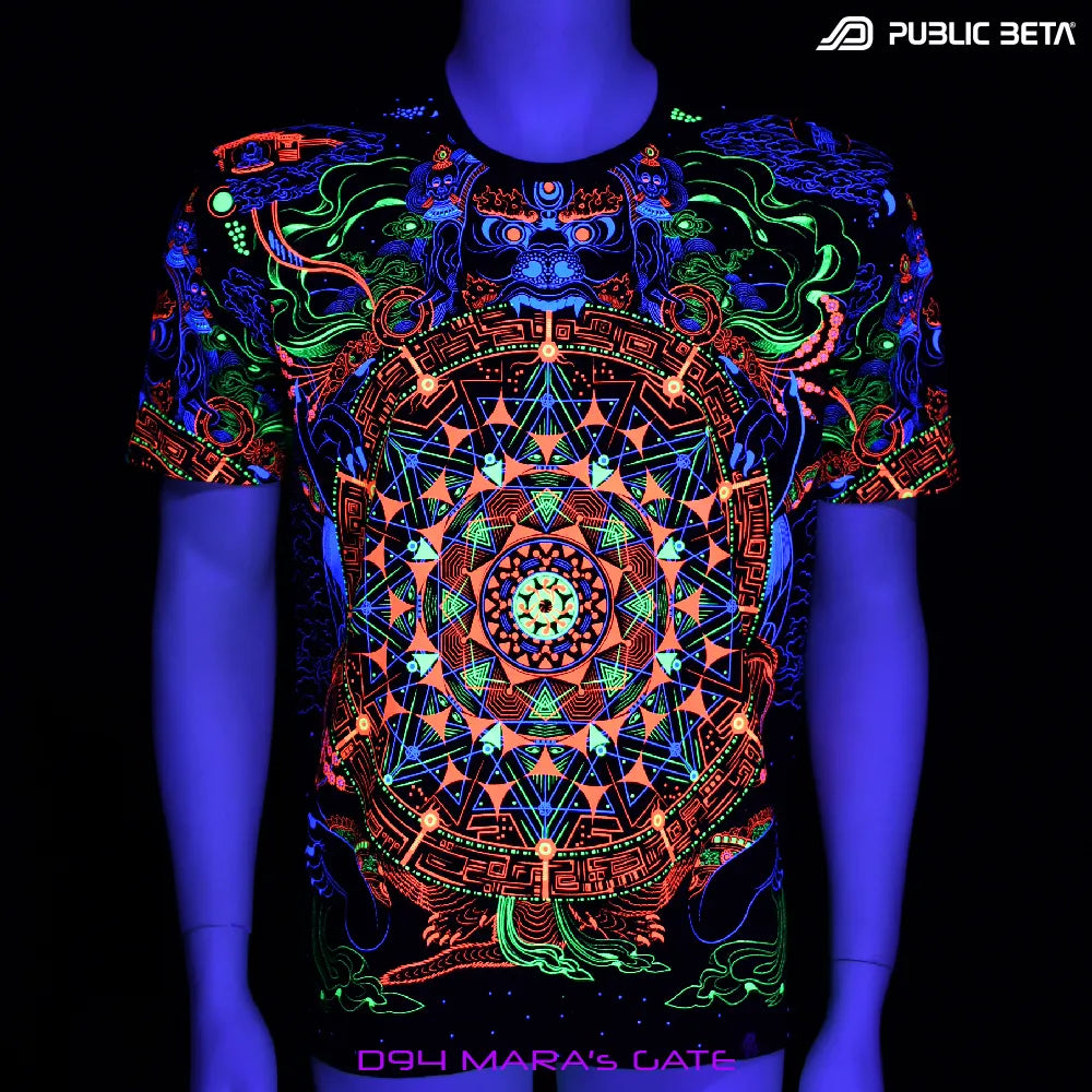 T-shirt with all-over UV-reactive print glowing under blacklight