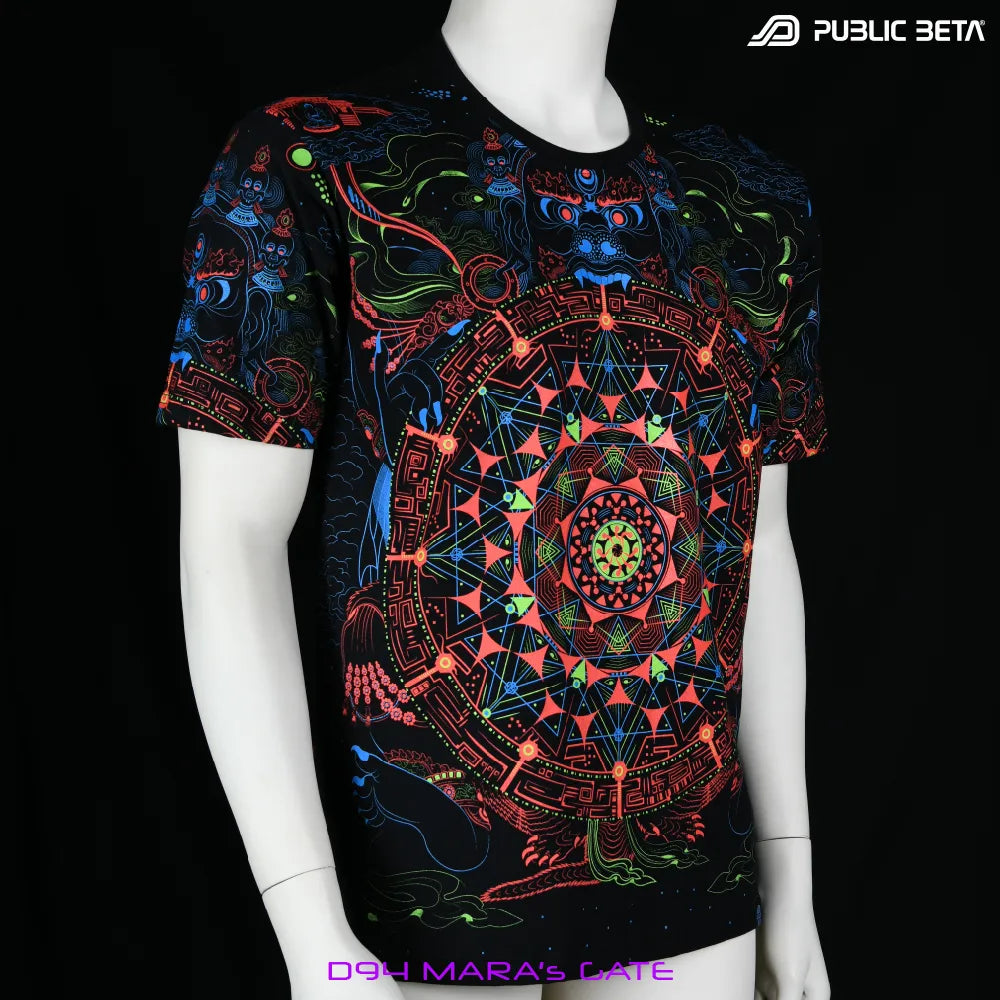 T-shirt with geometric UV-reactive graphics, photographed in natural light