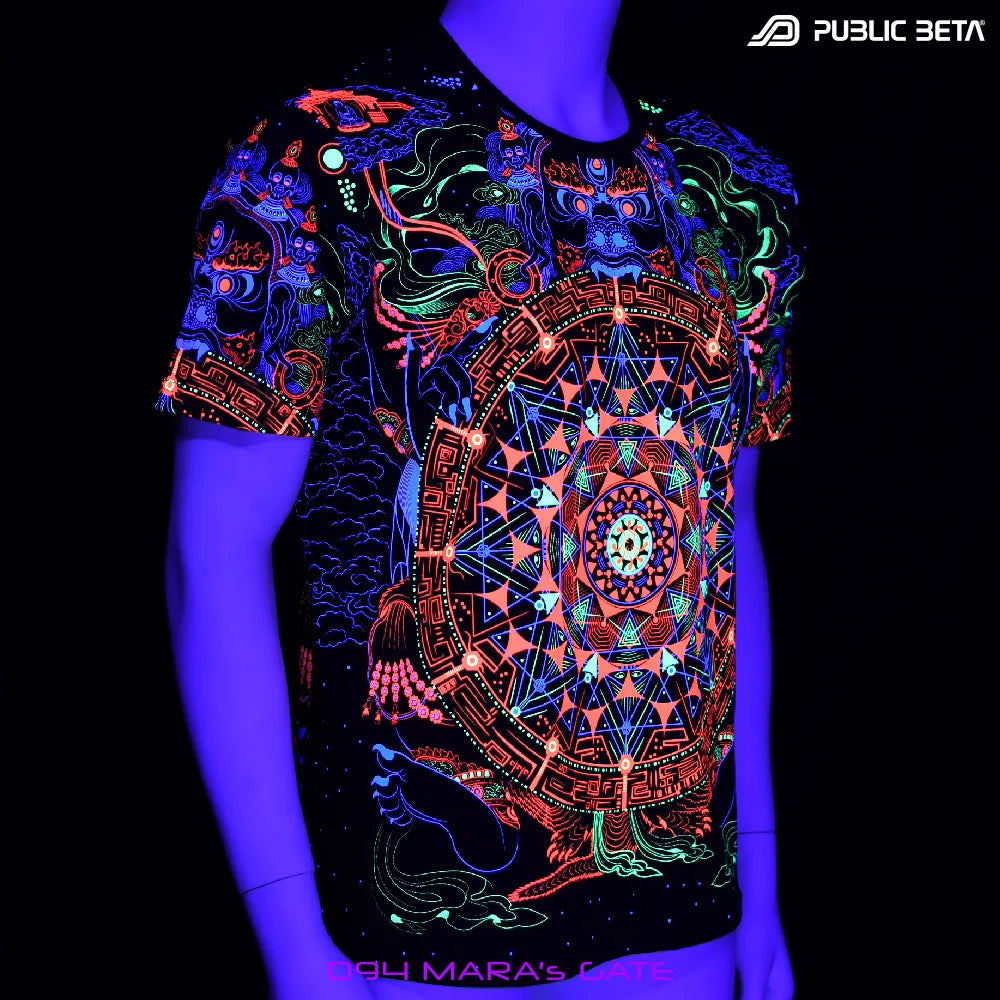 T-shirt with all-over UV-reactive print glowing under blacklight front view