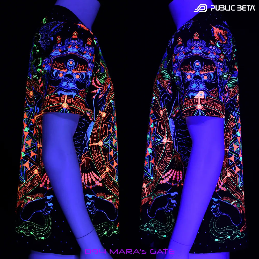 T-shirt with all-over UV-reactive print glowing under blacklight sides