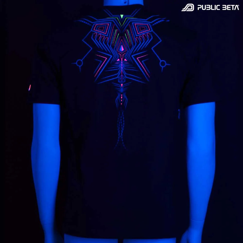 T-shirt with organic UV-reactive print, photographed glowing in blacklight