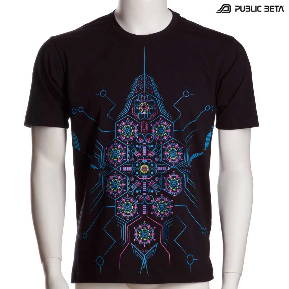  T-shirt with organic UV-reactive print, photographed in natural light 