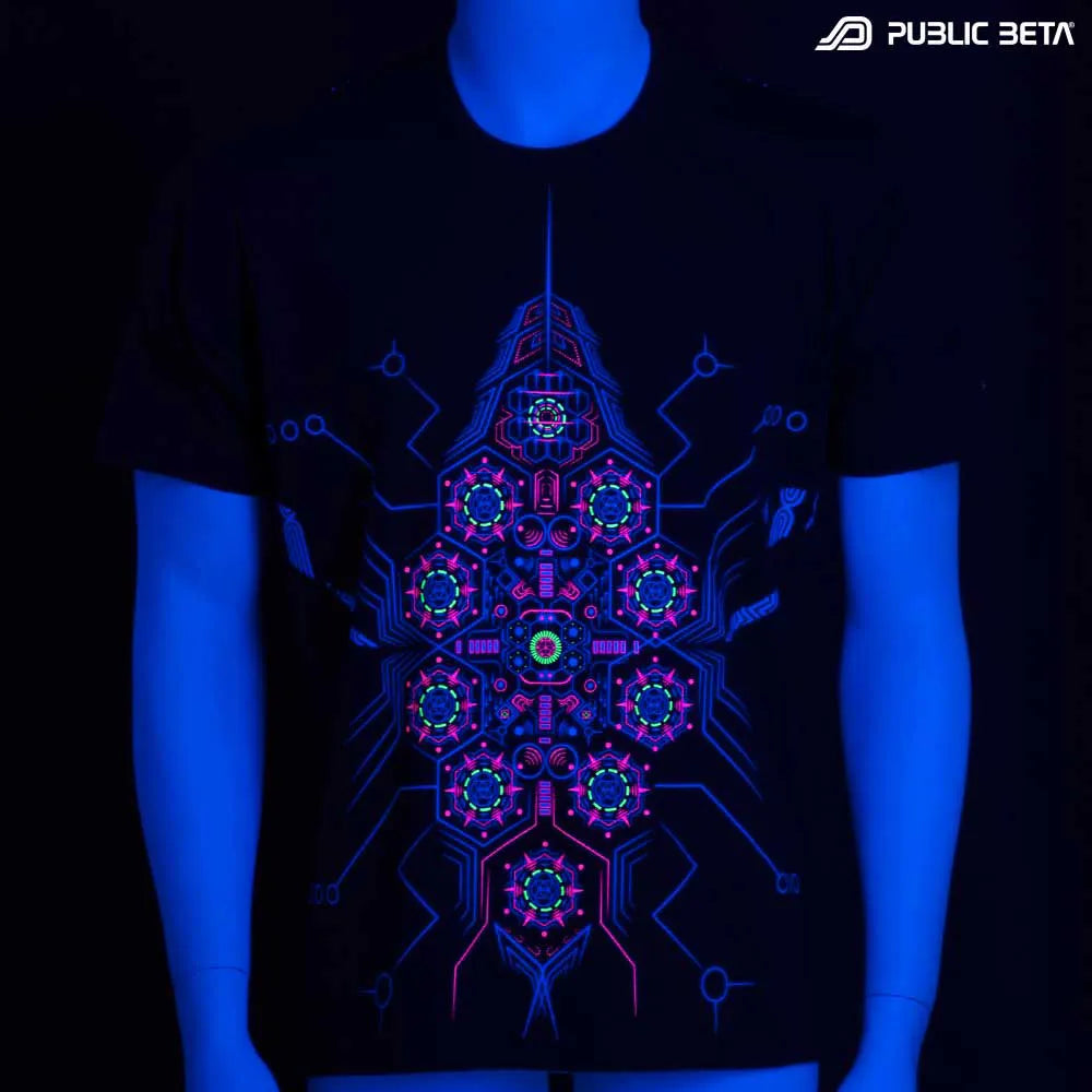 T-shirt with organic UV-reactive print, photographed glowing in blacklight